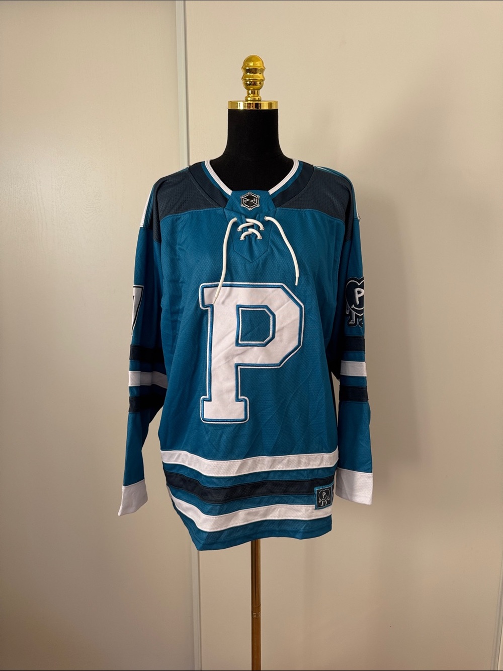 Blue and White Hockey Jersey with Navy Accents